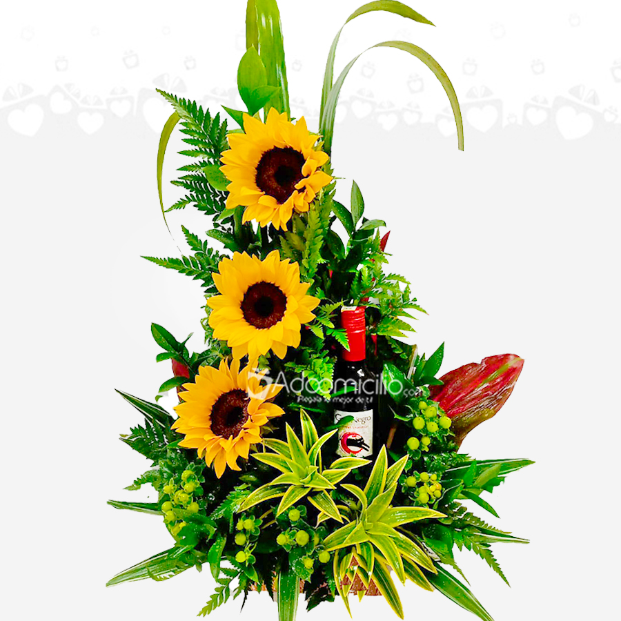 Arreglo Floral Con Girasoles Y Vino A Domicilio En Cali Pedido Con Un Día De Anticipación 