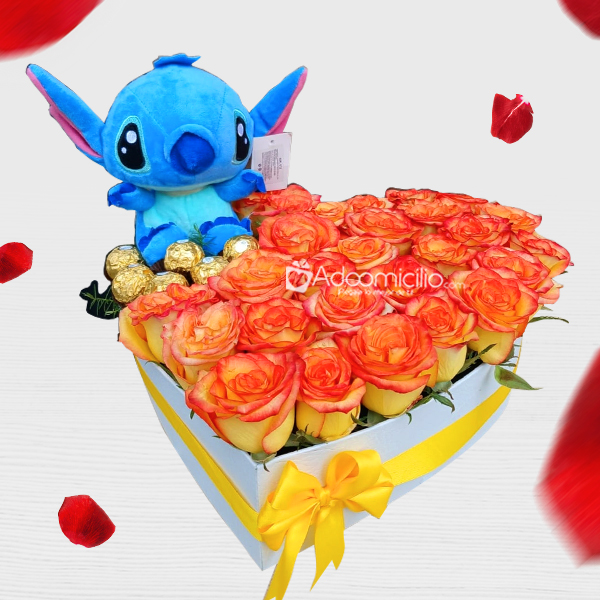 Corazón De Rosas Con Peluche De Stitch Para Amor Y Amistad A Domicilio En Cali 