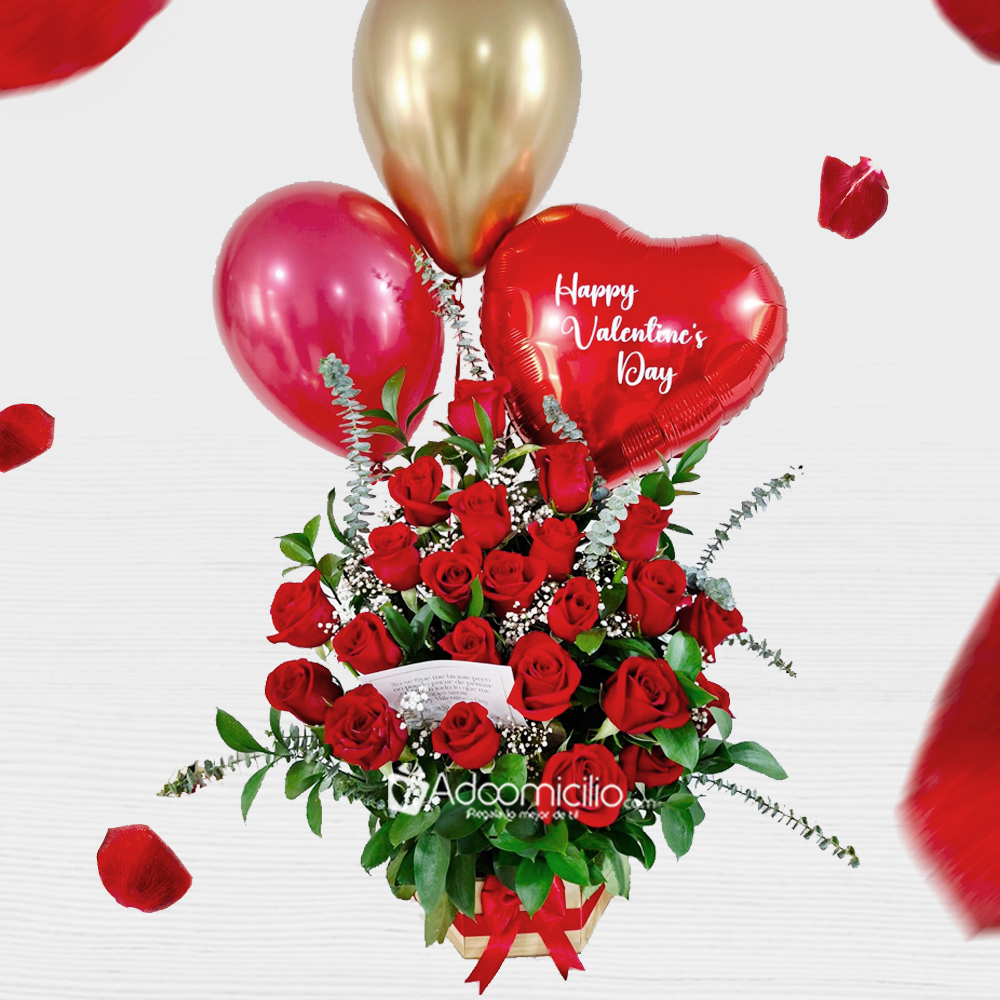 Arreglo Floral Con Rosas Y Globos Para San Valentín A Domicilio En Medellín Pedido Con Un Día De Anticipación  
