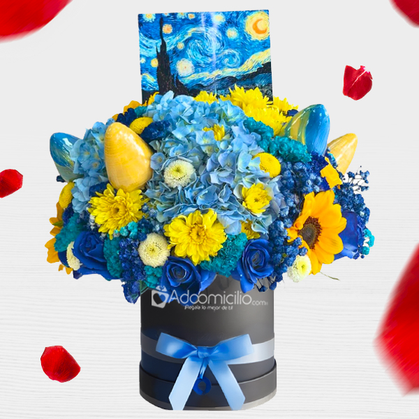 Arreglo Floral De La Noche Estrellada Con Fresas Para Amor Y Amistad A Domicilio En Bogotá Pedido Con Un Día De Anticipación 